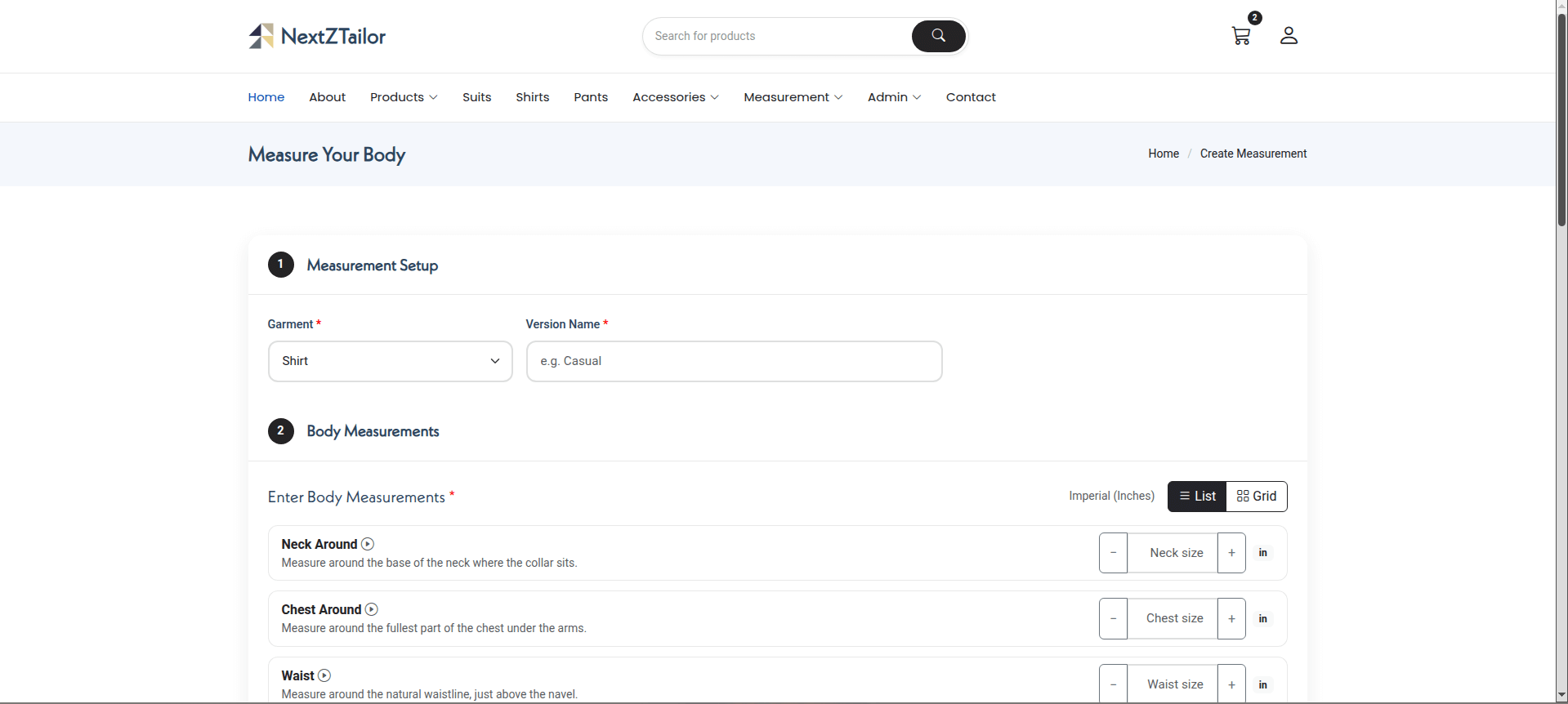 NextZTailor Custom Tailoring Interface